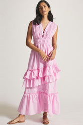 Robe longue d'été boutonnée sans manches à volants pour vacances à la plage - Rose